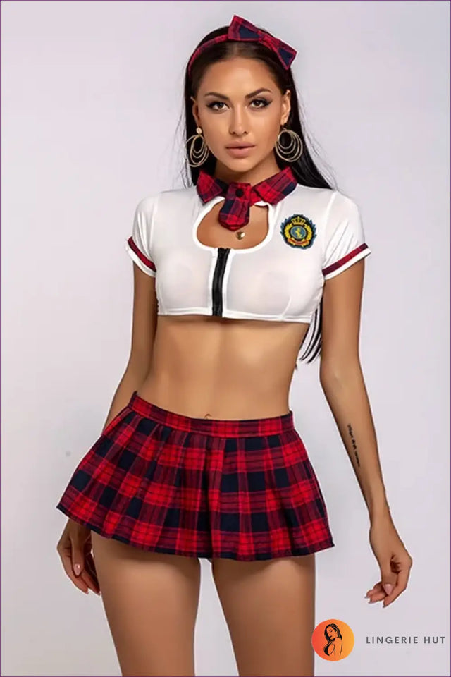 Schoolgirl Plaid Skirt and Zip-Front Top Costume Set