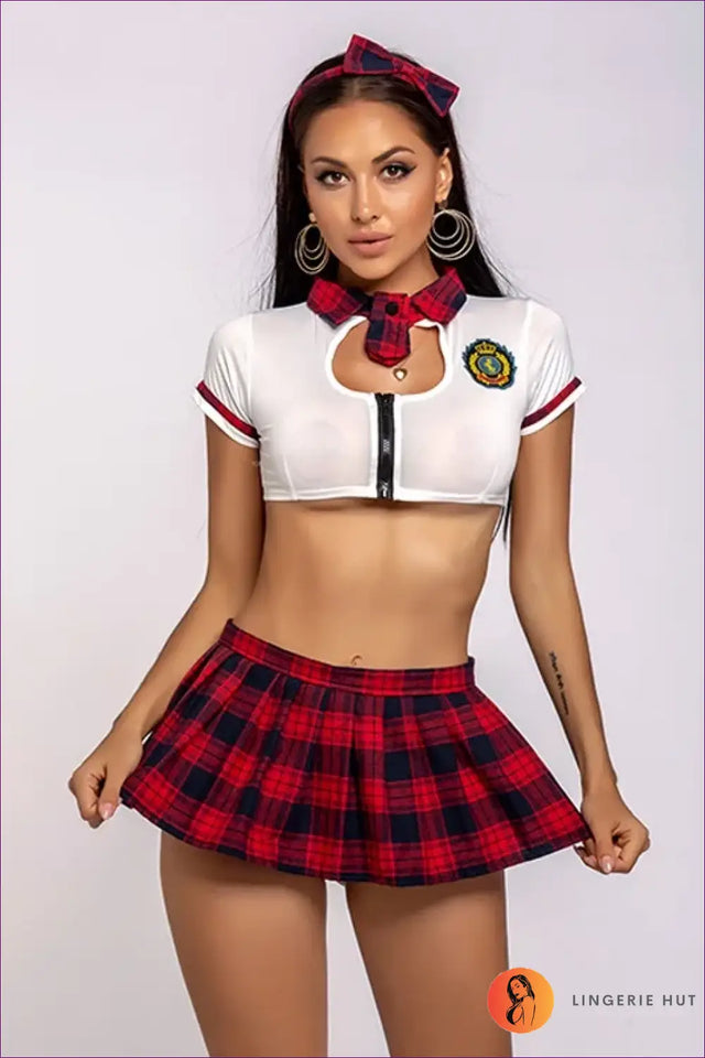 Schoolgirl Plaid Skirt and Zip-Front Top Costume Set