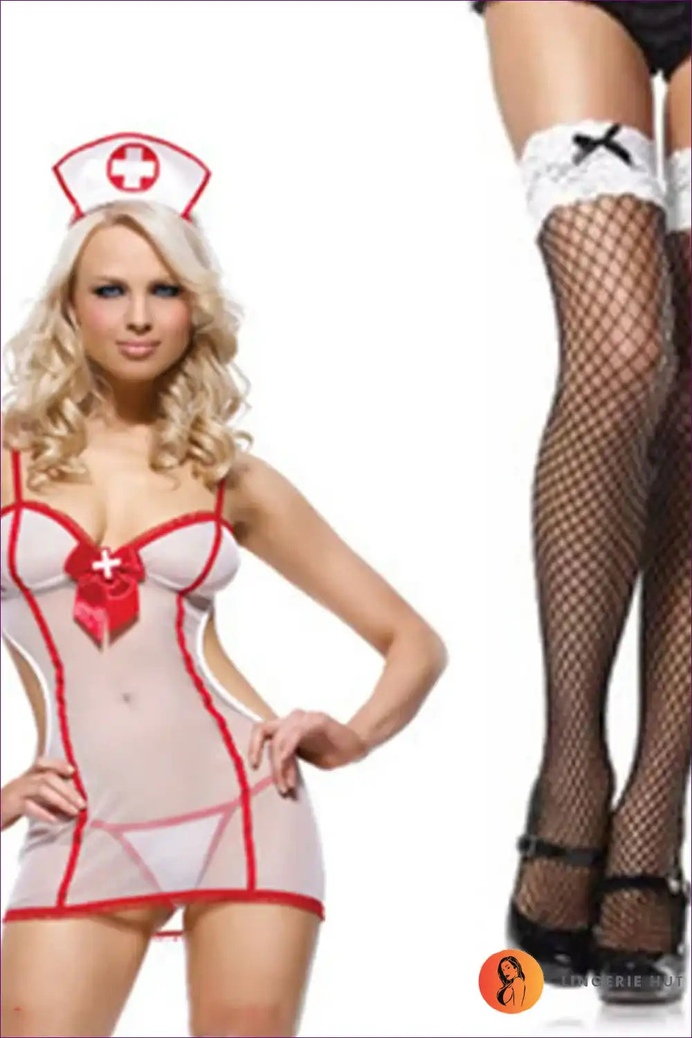 Sheer Nurse Costume with Red Trim - Allure Night Fantasy for Boudoir, Costume, Cutout, Date Night,