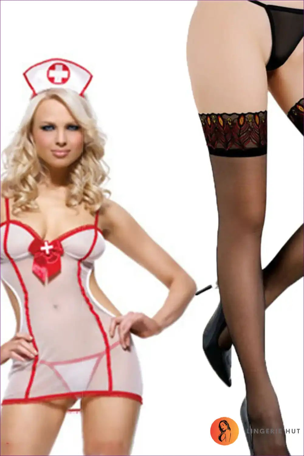 Sheer Nurse Costume with Red Trim - Allure Night Fantasy for Boudoir, Costume, Cutout, Date Night,