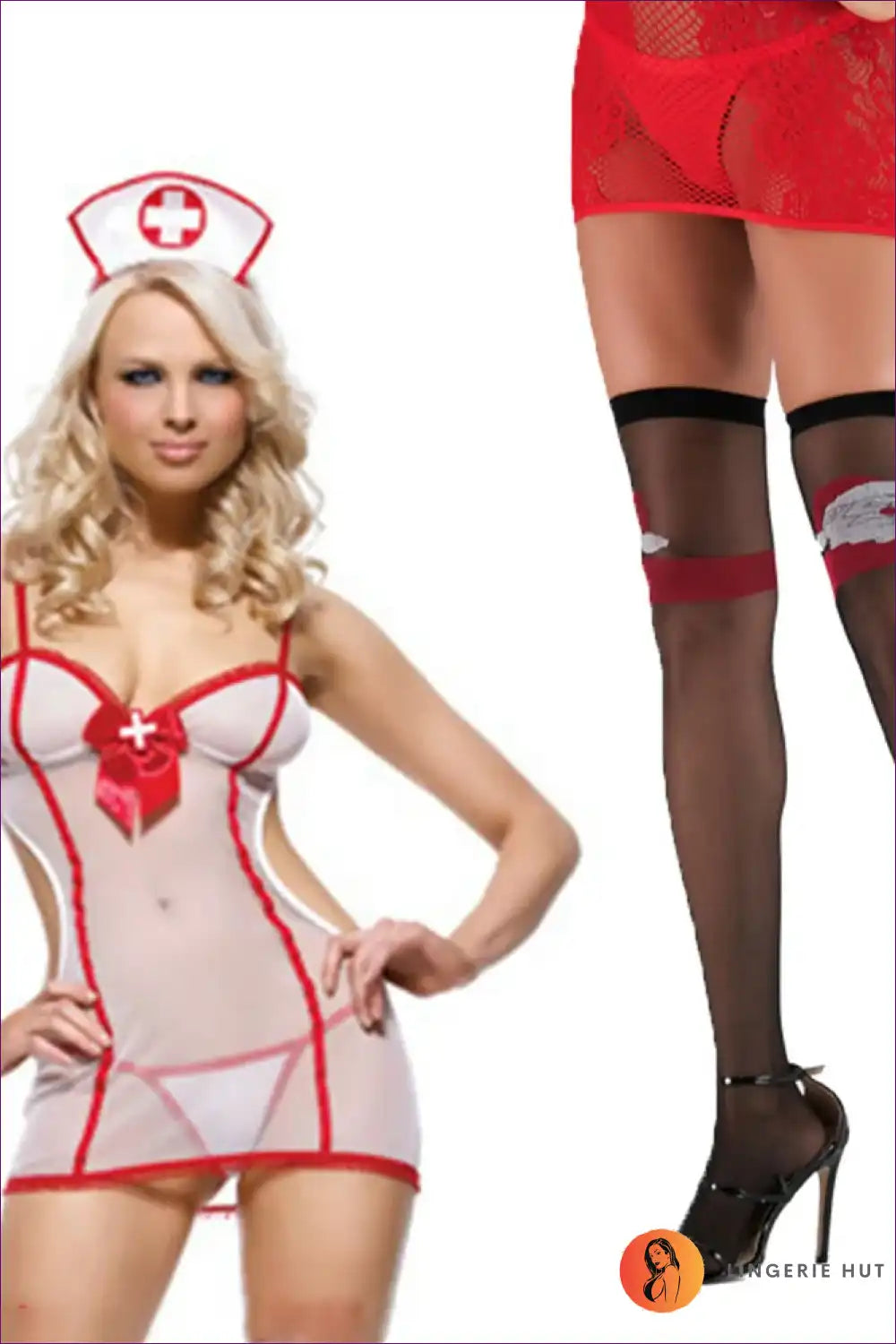 Sheer Nurse Costume with Red Trim - Allure Night Fantasy for Boudoir, Costume, Cutout, Date Night,