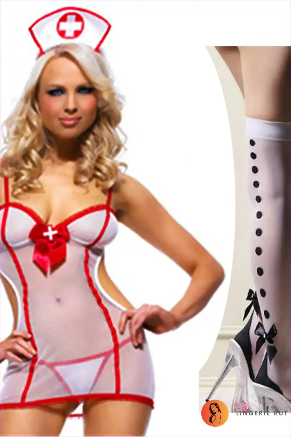 Sheer Nurse Costume with Red Trim - Allure Night Fantasy for Boudoir, Costume, Cutout, Date Night,