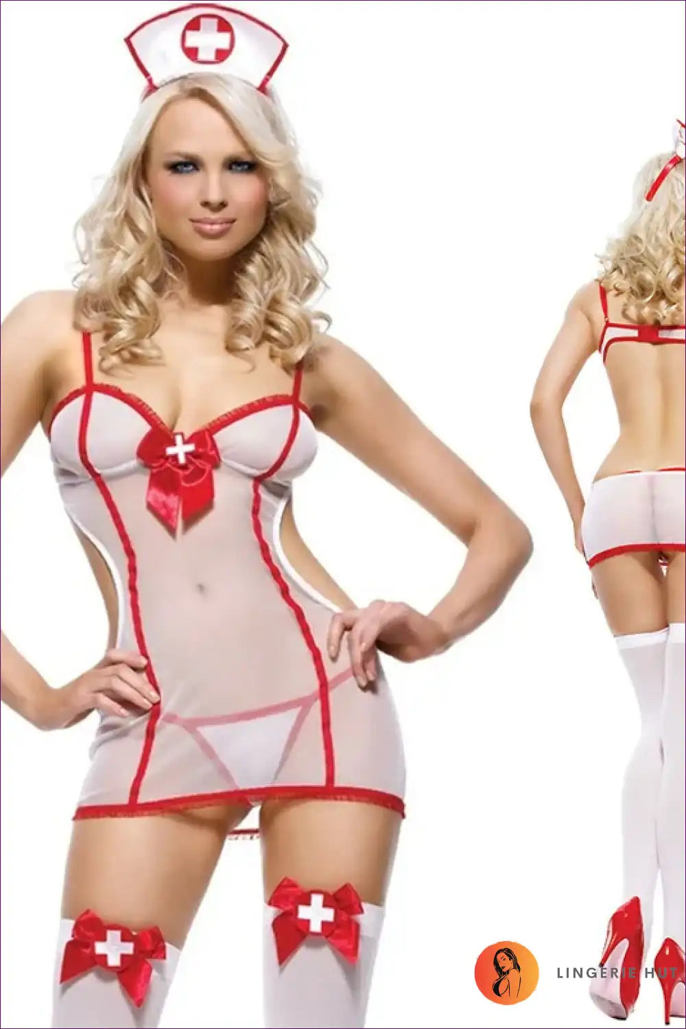 Sheer Nurse Costume with Red Trim - Allure Night Fantasy for Boudoir, Costume, Cutout, Date Night,