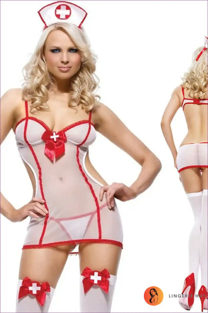 Sheer Nurse Costume with Red Trim - Allure Night Fantasy for Boudoir, Costume, Cutout, Date Night,
