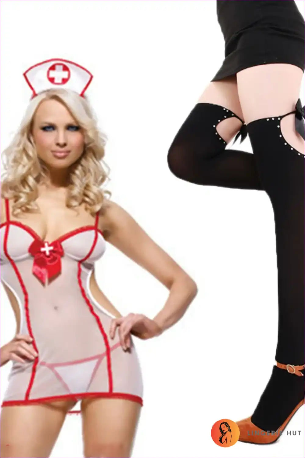 Sheer Nurse Costume with Red Trim - Allure Night Fantasy for Boudoir, Costume, Cutout, Date Night,