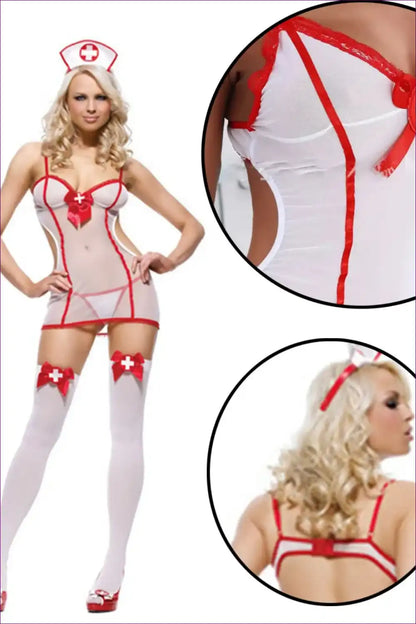 Sheer Nurse Costume with Red Trim - Allure Night Fantasy for Boudoir, Costume, Cutout, Date Night,