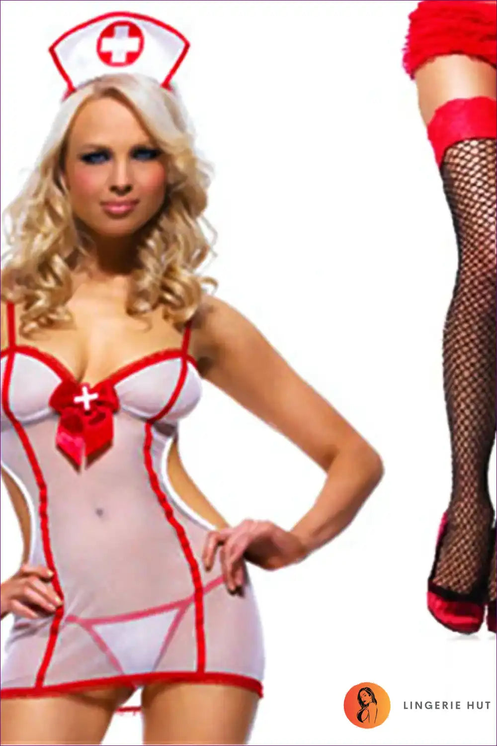 Sheer Nurse Costume with Red Trim - Allure Night Fantasy for Boudoir, Costume, Cutout, Date Night,