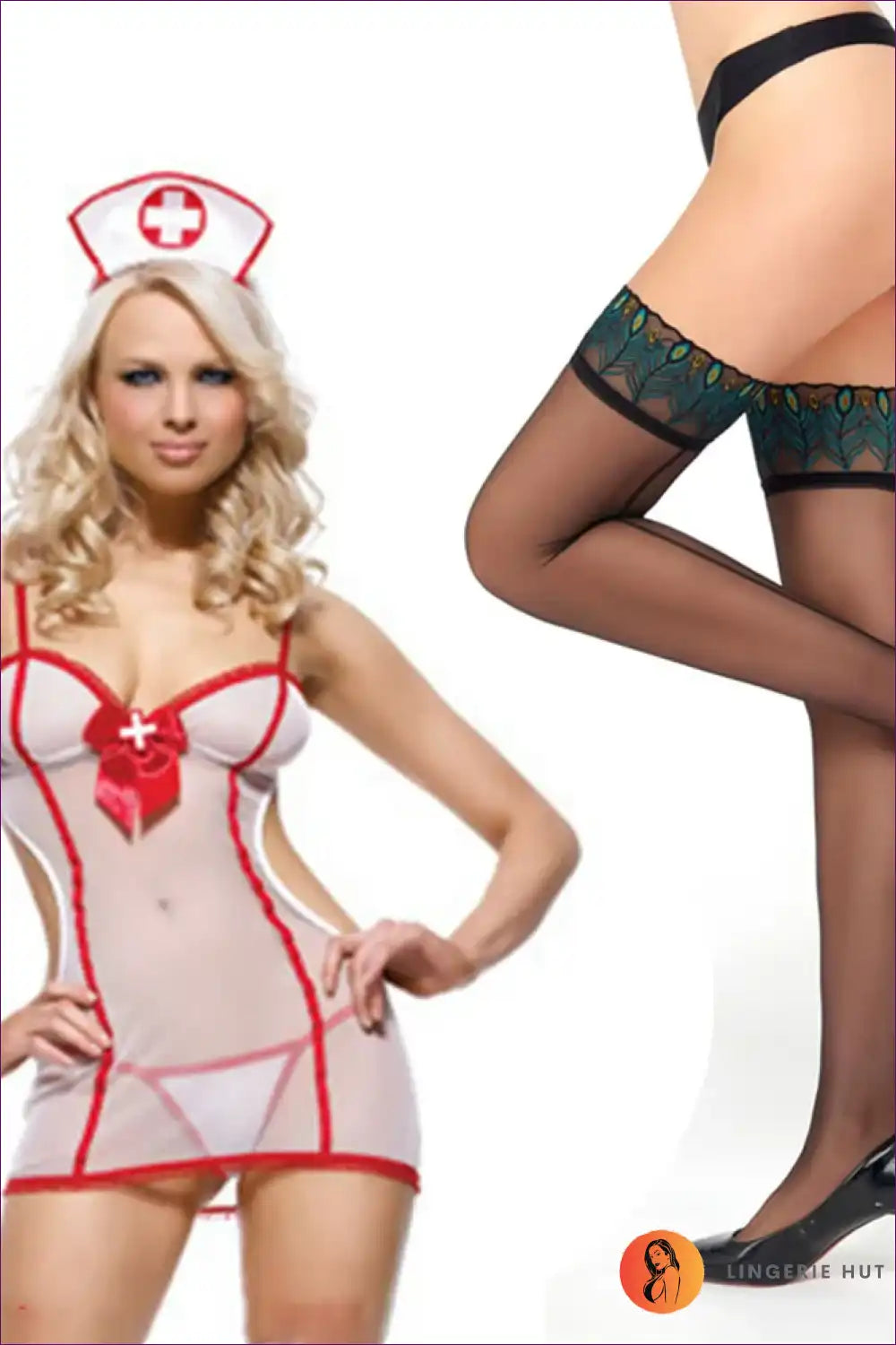 Sheer Nurse Costume with Red Trim - Allure Night Fantasy for Boudoir, Costume, Cutout, Date Night,