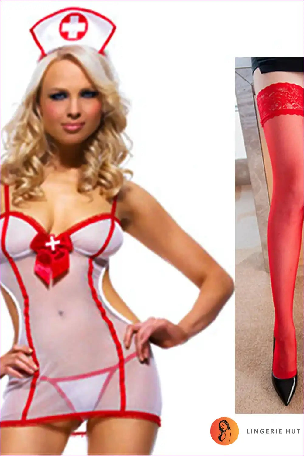 Sheer Nurse Costume with Red Trim - Allure Night Fantasy for Boudoir, Costume, Cutout, Date Night,