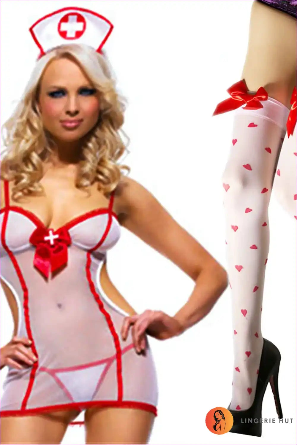 Sheer Nurse Costume with Red Trim - Allure Night Fantasy for Boudoir, Costume, Cutout, Date Night,