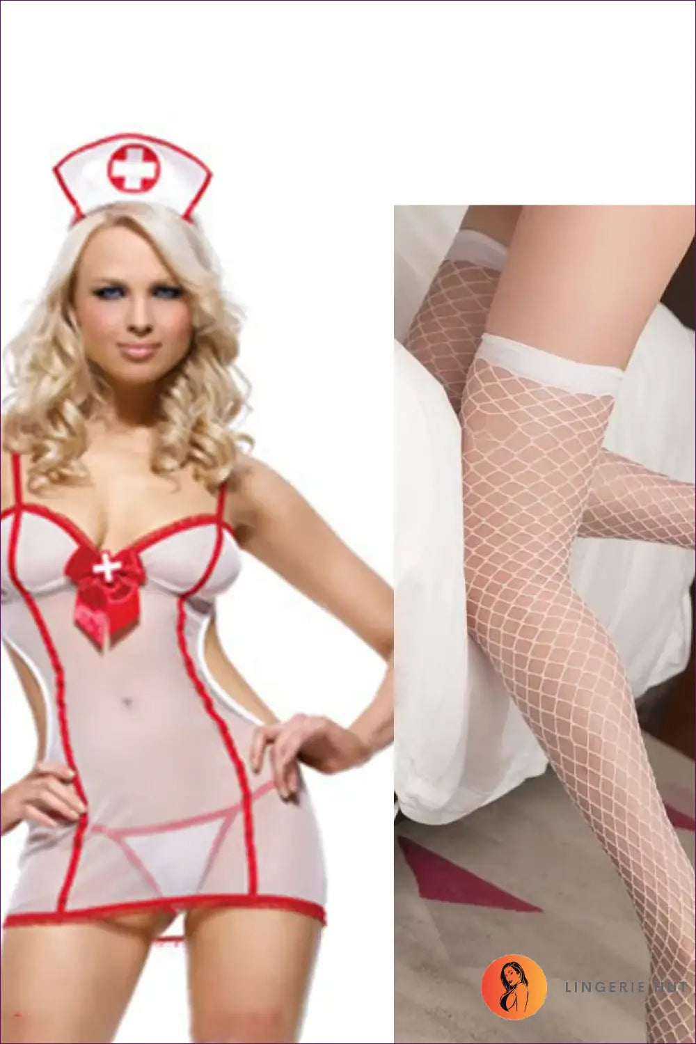 Sheer Nurse Costume with Red Trim - Fantasy Roleplay Ready - m / one Size - Outfit Set - Lingerie Hut - Cutout • Mesh