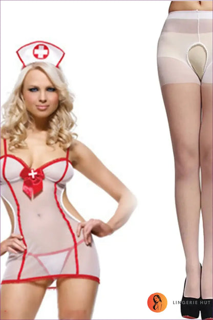Sheer Nurse Costume with Red Trim - Fantasy Roleplay Ready - b / one Size - Outfit Set - Lingerie Hut - Cutout • Mesh