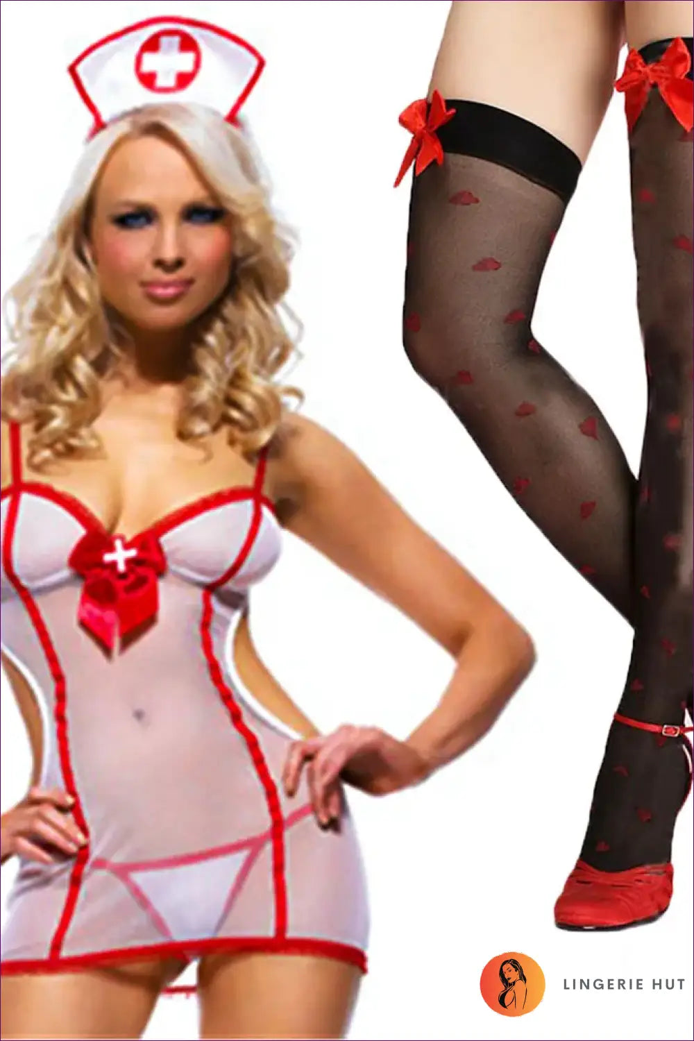 Sheer Nurse Costume with Red Trim - Fantasy Roleplay Ready - q / one Size - Outfit Set - Lingerie Hut - Cutout • Mesh