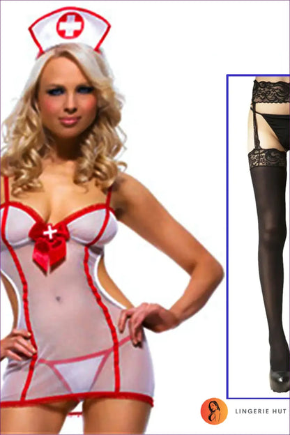 Sheer Nurse Costume with Red Trim - Fantasy Roleplay Ready - w / one Size - Outfit Set - Lingerie Hut - Cutout • Mesh