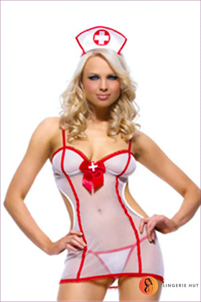 Sheer Nurse Costume with Red Trim - Fantasy Roleplay Ready - Outfit Set - Lingerie Hut - Cutout • Mesh • Mini