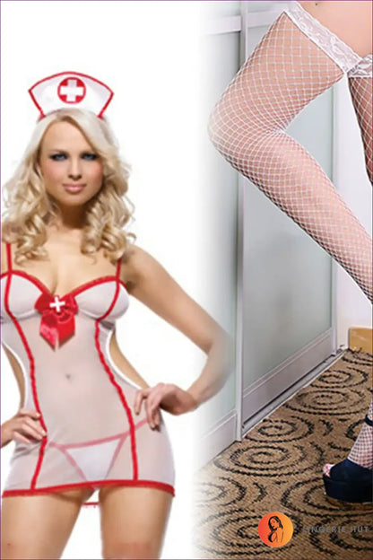 Sheer Nurse Costume with Red Trim - Fantasy Roleplay Ready - a / one Size - Outfit Set - Lingerie Hut - Cutout • Mesh