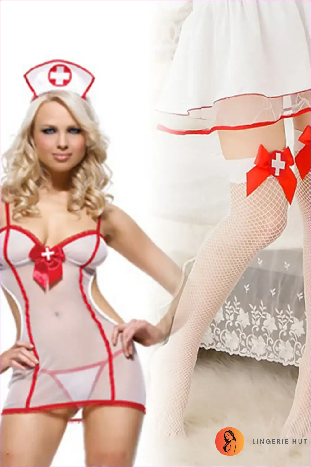 Sheer Nurse Costume with Red Trim - Fantasy Roleplay Ready - y / one Size - Outfit Set - Lingerie Hut - Cutout • Mesh