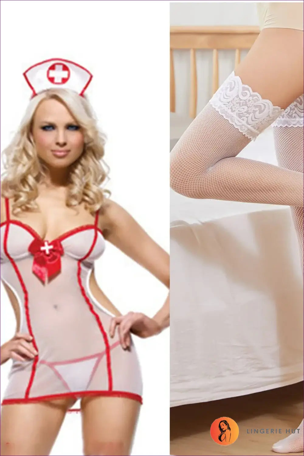 Sheer Nurse Costume with Red Trim - Fantasy Roleplay Ready - f / one Size - Outfit Set - Lingerie Hut - Cutout • Mesh