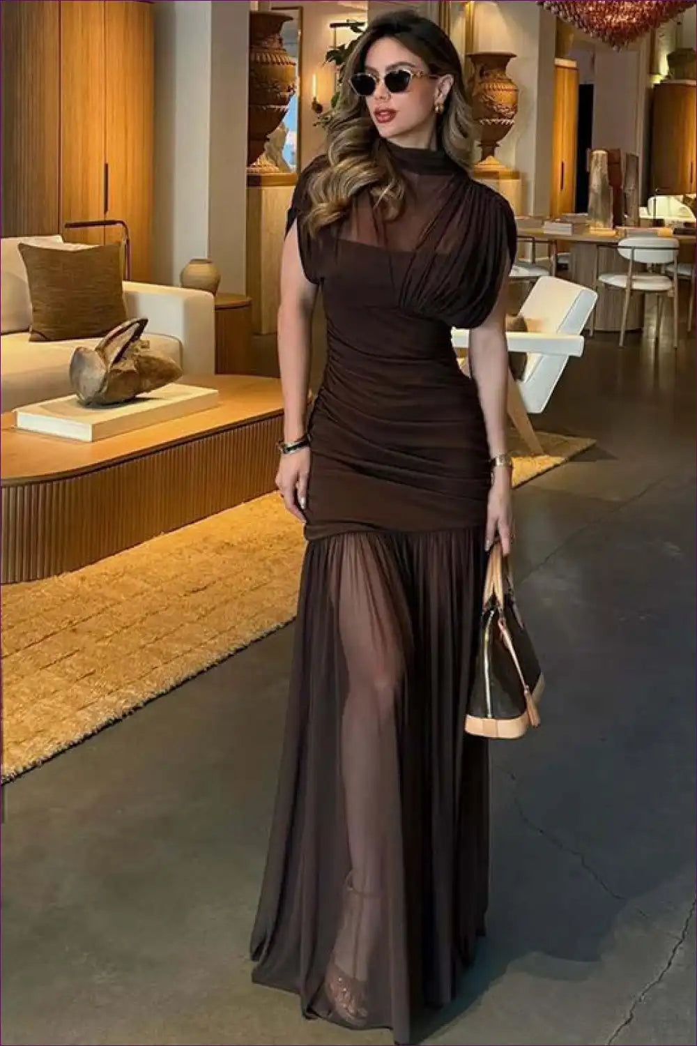 Sheer Panel Bodycon Dress with Ruched Detailing