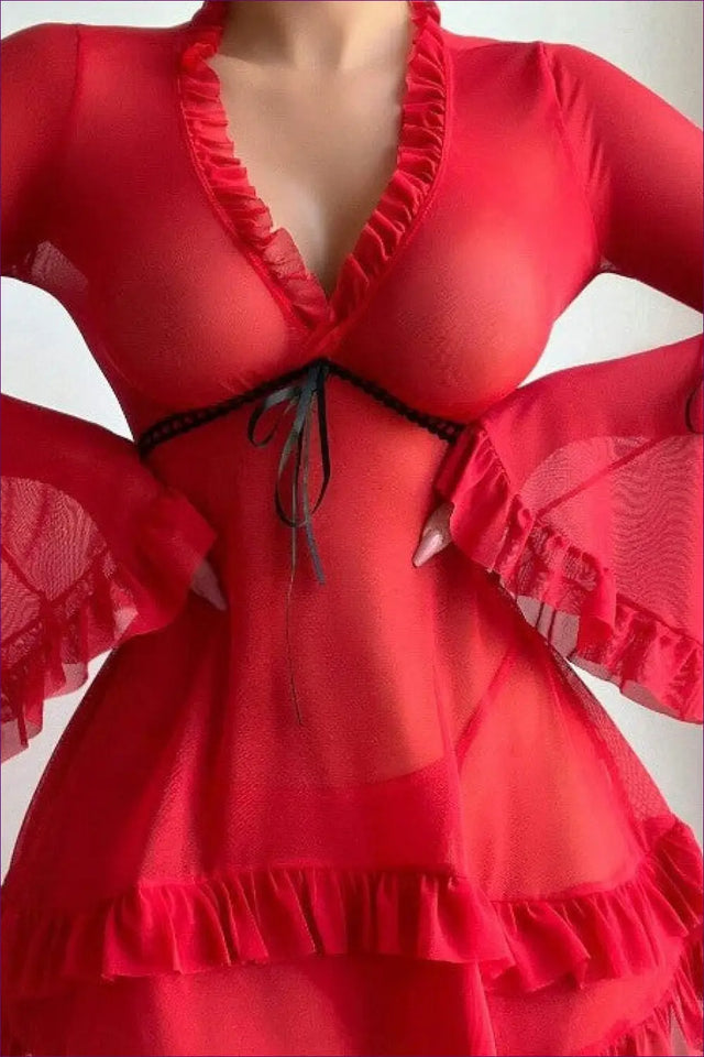 Sheer Robe with Flared Ruffle Sleeves - Private Luxury