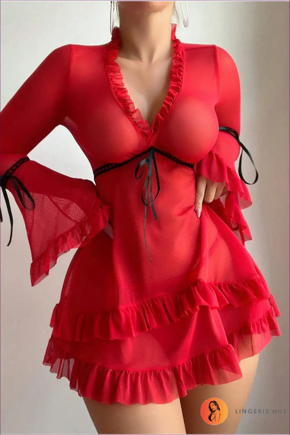 Sheer Robe with Flared Ruffle Sleeves - Private Luxury - s / Red - just in • Loungewear • Night • Polyester • Lingerie