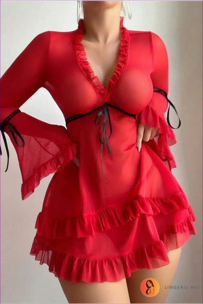 Sheer Robe with Flared Ruffle Sleeves - Private Luxury - s / Red - just in • Loungewear • Night • Polyester • Lingerie