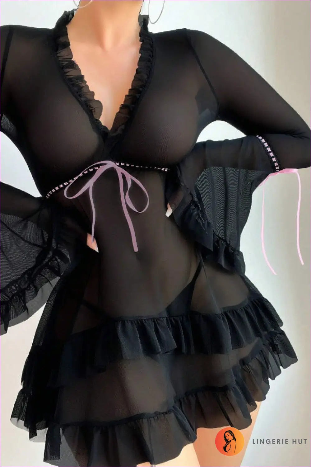 Sheer Robe with Flared Ruffle Sleeves - Private Luxury - s / Black - just in • Loungewear • Night • Polyester