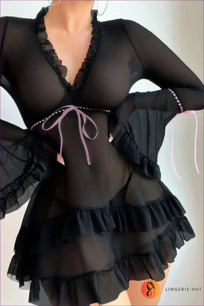 Sheer Robe with Flared Ruffle Sleeves - Private Luxury - s / Black - just in • Loungewear • Night • Polyester