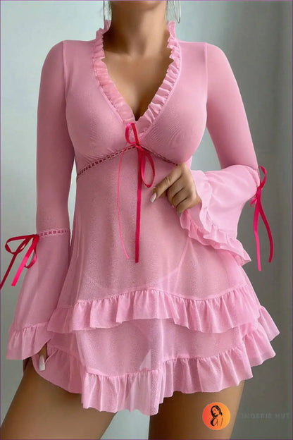 Sheer Robe with Flared Ruffle Sleeves - Private Luxury - s / Pink - just in • Loungewear • Night • Polyester • Lingerie