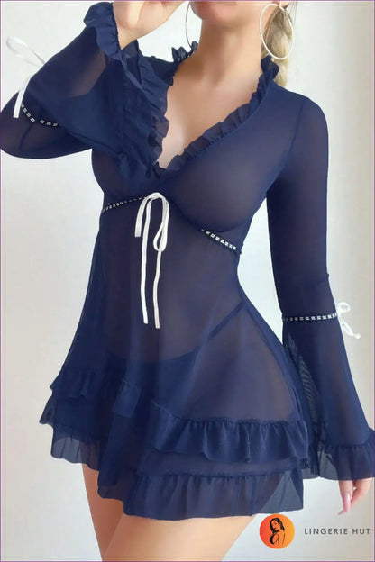 Sheer Robe with Flared Ruffle Sleeves - Private Luxury - s / Navy Blue - just in • Loungewear • Night • Polyester
