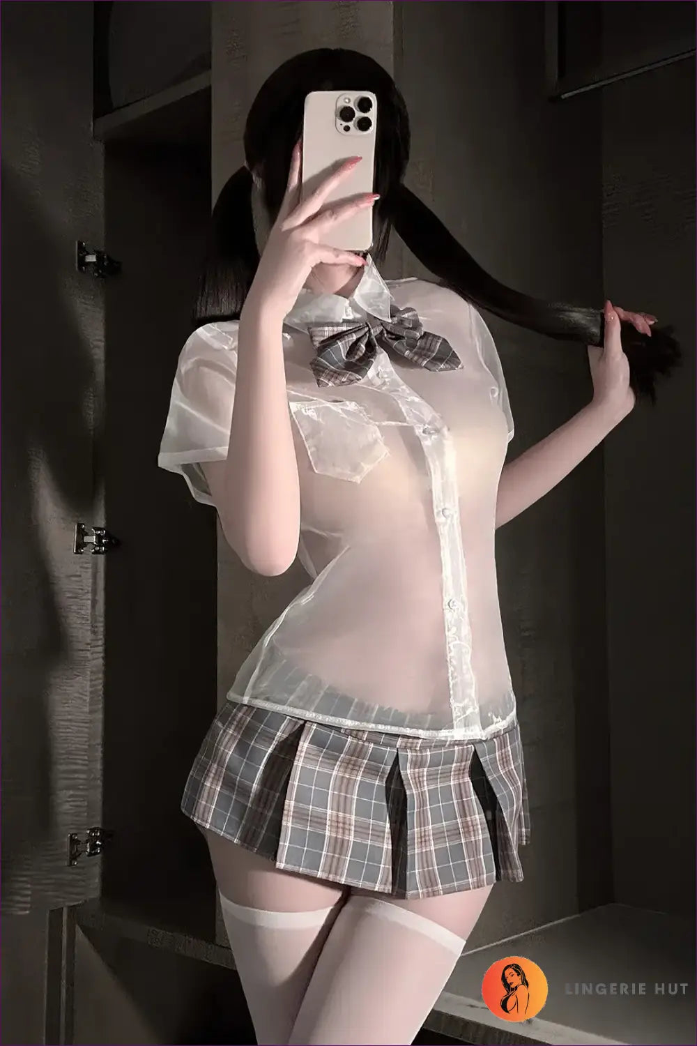 Sheer Student Costume Set with Plaid Skirt - Fantasy Roleplay Ready - no Stockings / m - Outfit - Mesh • Mini • Night