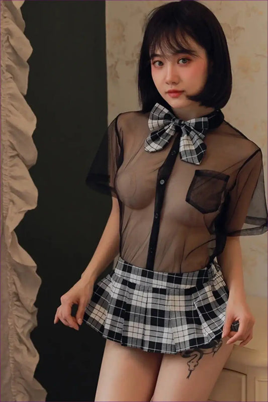 Sheer Student Costume Set with Plaid Skirt - Fantasy Roleplay Ready - Outfit - Lingerie Hut - Boudoir • Mesh • Mini