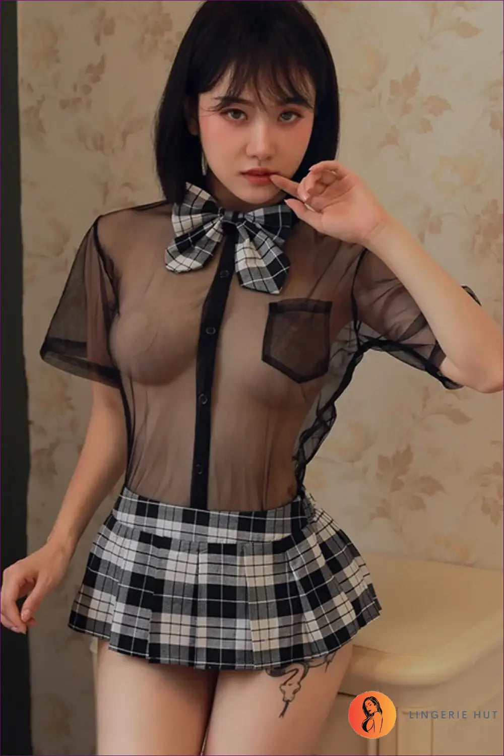 Sheer Student Costume Set with Plaid Skirt - Fantasy Roleplay Ready - Outfit - Mesh • Mini • Night in • Party