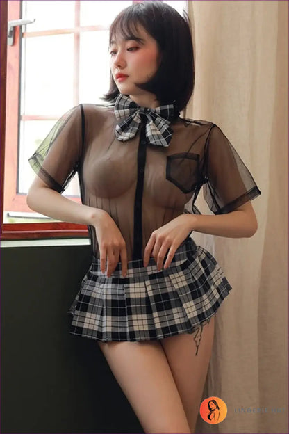 Sheer Student Costume Set with Plaid Skirt - Fantasy Roleplay Ready - Outfit - Mesh • Mini • Night in • Party