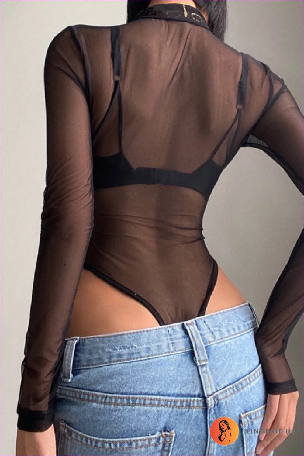 Turn Heads With Our Sheer Zip Long Sleeve Thong Bodysuit. Delicate Sheer Fabric, Shiny Gold Zippers,