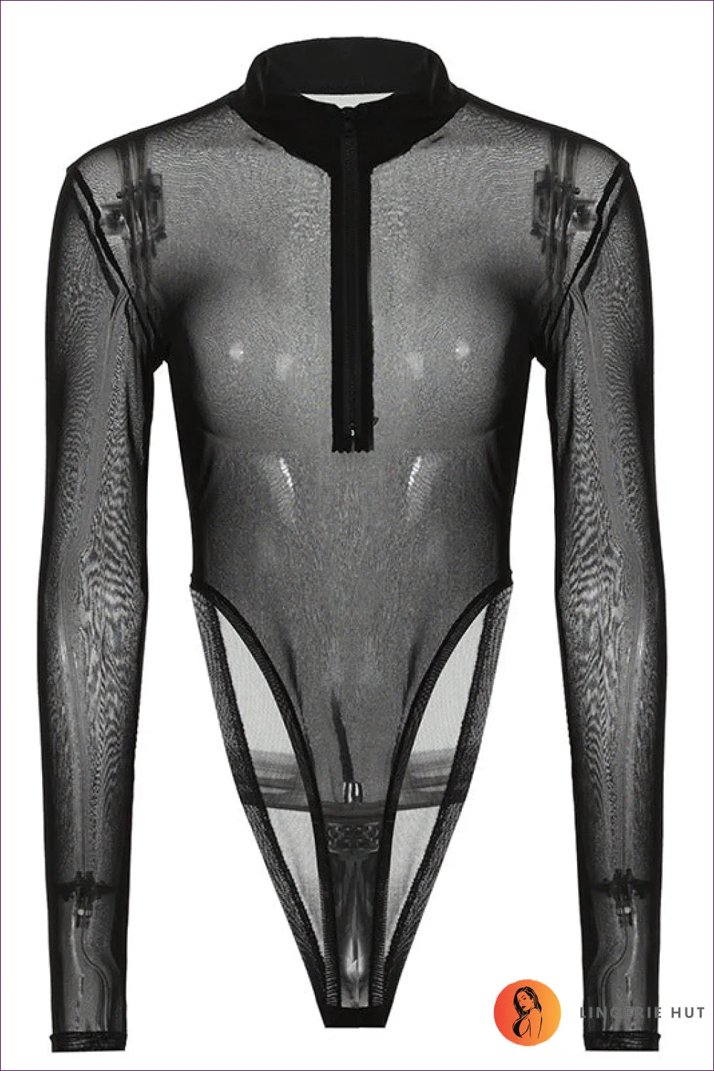 Turn Heads With Our Sheer Zip Long Sleeve Thong Bodysuit. Delicate Sheer Fabric, Shiny Gold Zippers,