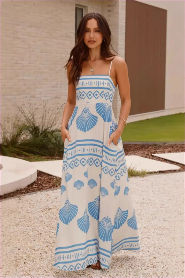 Shell Print Maxi Dress with Pockets - Effortless Summer Escape