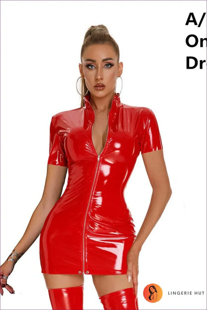 Take a Risk & Show Off Your Style In This Sleek Sexy Shimmering Pvc Bodycon Dress. Front Zipper, Short Sleeves