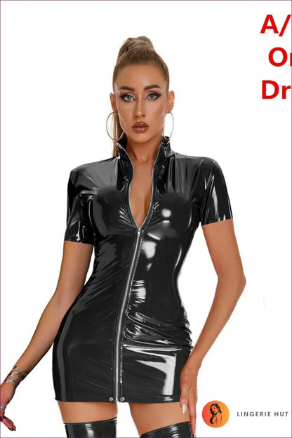 Take a Risk & Show Off Your Style In This Sleek Sexy Shimmering Pvc Bodycon Dress. Front Zipper, Short Sleeves