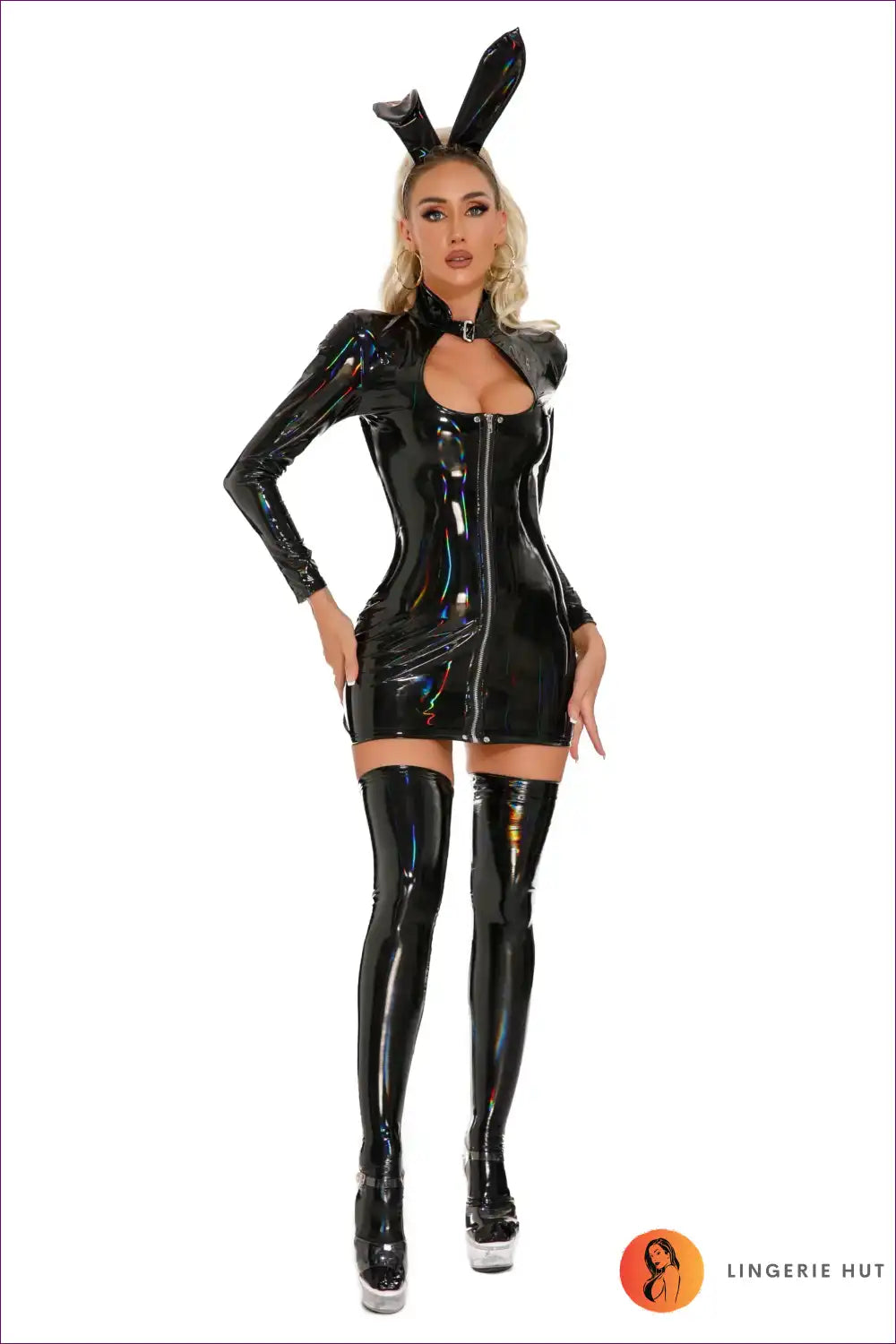 Shiny Black Latex Bunny Costume – Bold & Sexy Statement Outfit for Bunny, Clubwear, Costume, Glamour,