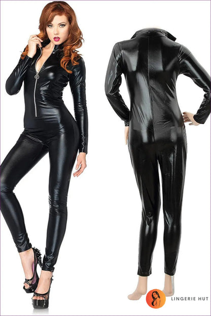 Unleash Your Inner Diva With Lingerie Hut’s Sexy Shiny Patent Leather Jumpsuit. Hip-raise Design Meets Club