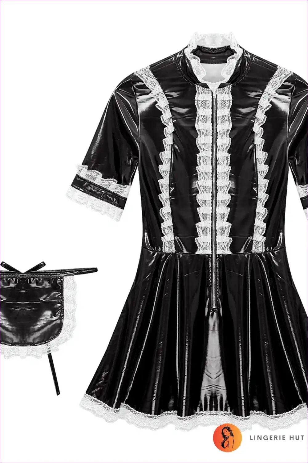 Shiny Pu Leather Maid Uniform Dress with Lace Apron Set for Clubwear, Costume, just In, Lace,