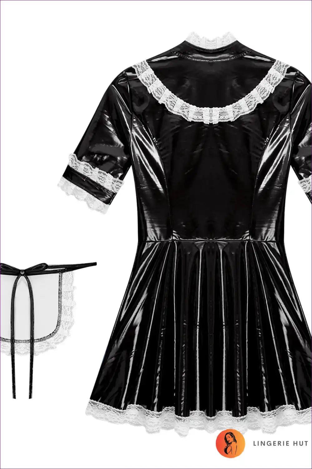 Shiny Pu Leather Maid Uniform Dress with Lace Apron Set for Clubwear, Costume, just In, Lace,