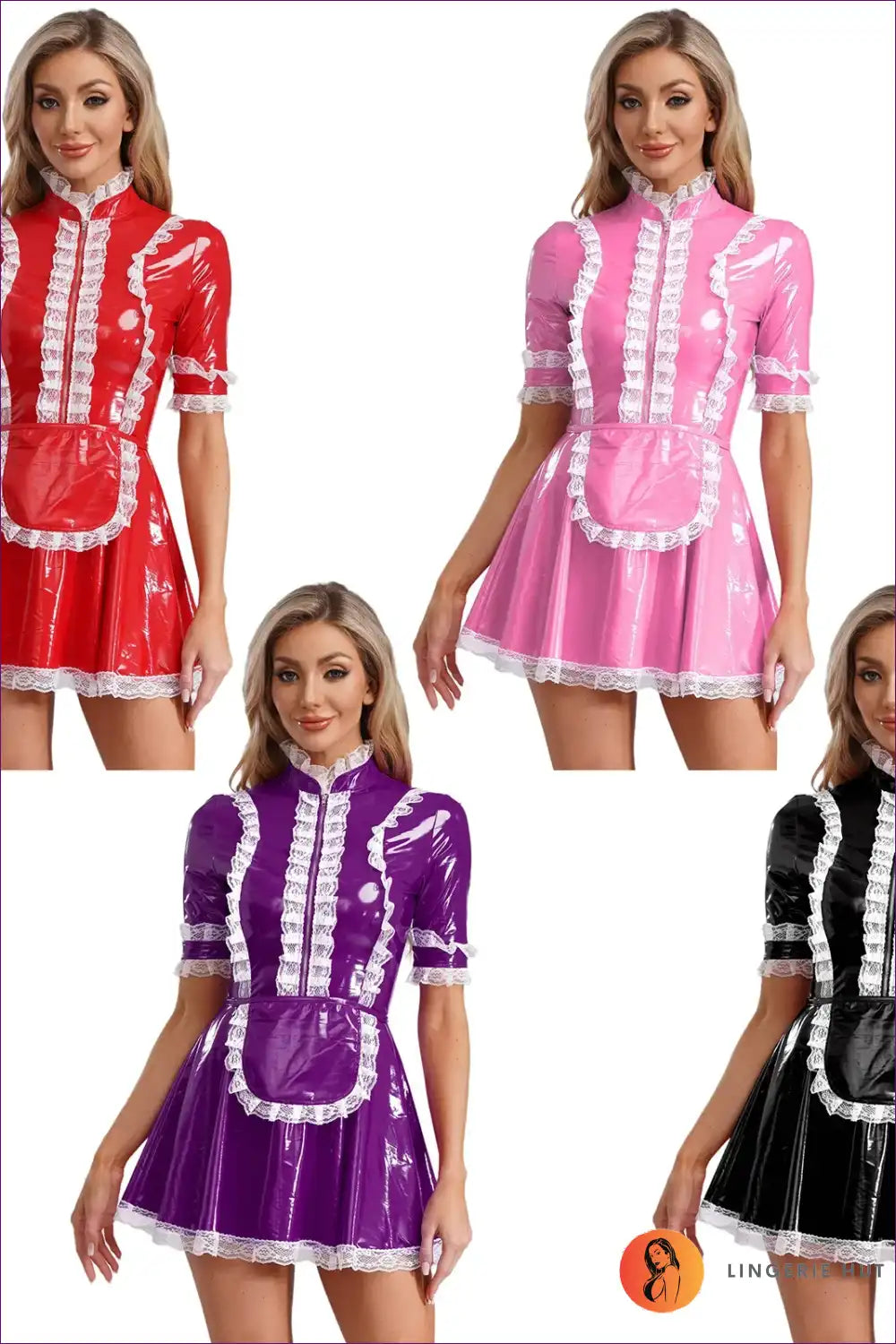 Shiny Pu Leather Maid Uniform Dress with Lace Apron Set for Clubwear, Costume, just In, Lace,