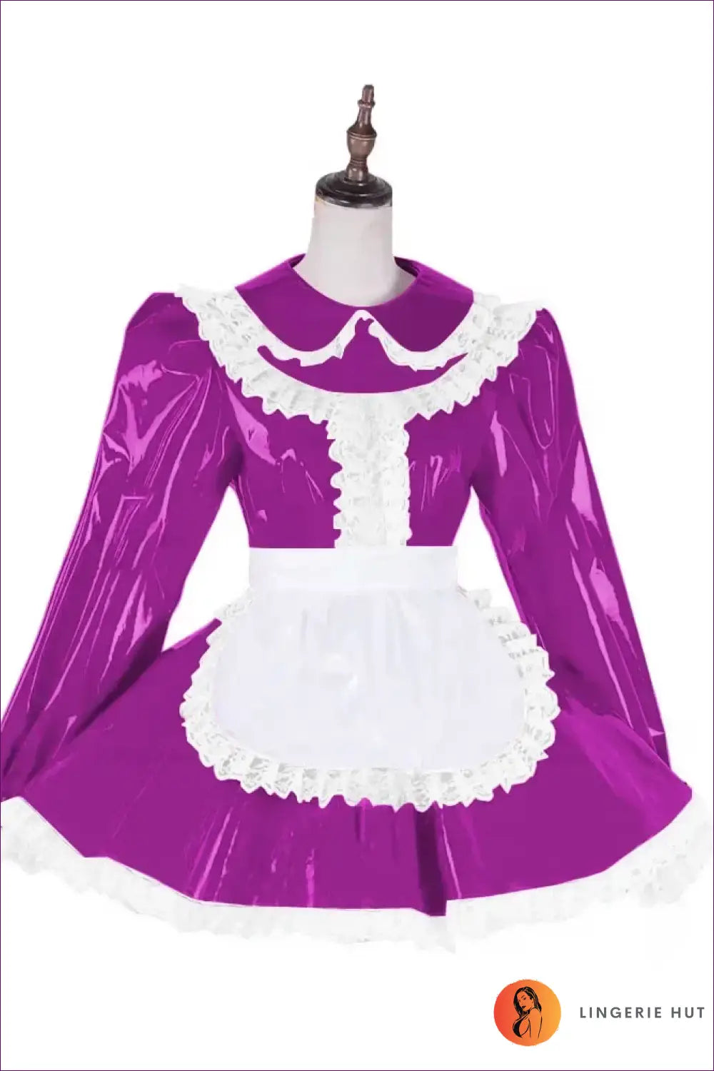 Shiny Pvc French Maid Costume with Lace Ruffle Hem Set - Rose Purple / s - Halloween • just in • Lingerie Hut