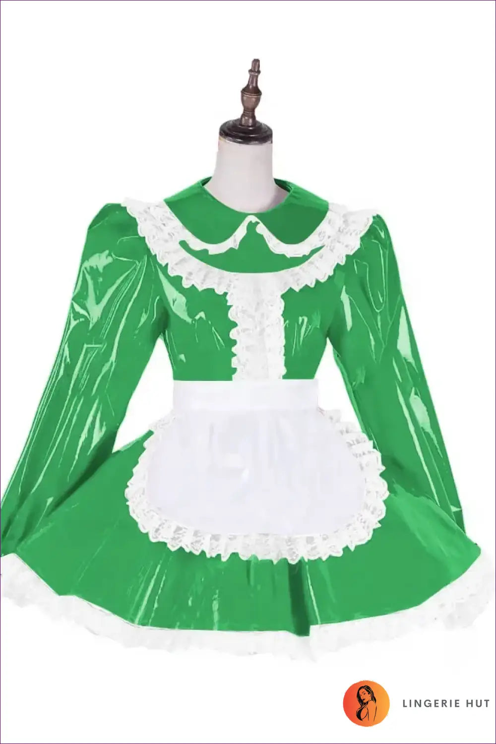Shiny Pvc French Maid Costume with Lace Ruffle Hem Set - Green / s - Halloween • just in • Lingerie Hut
