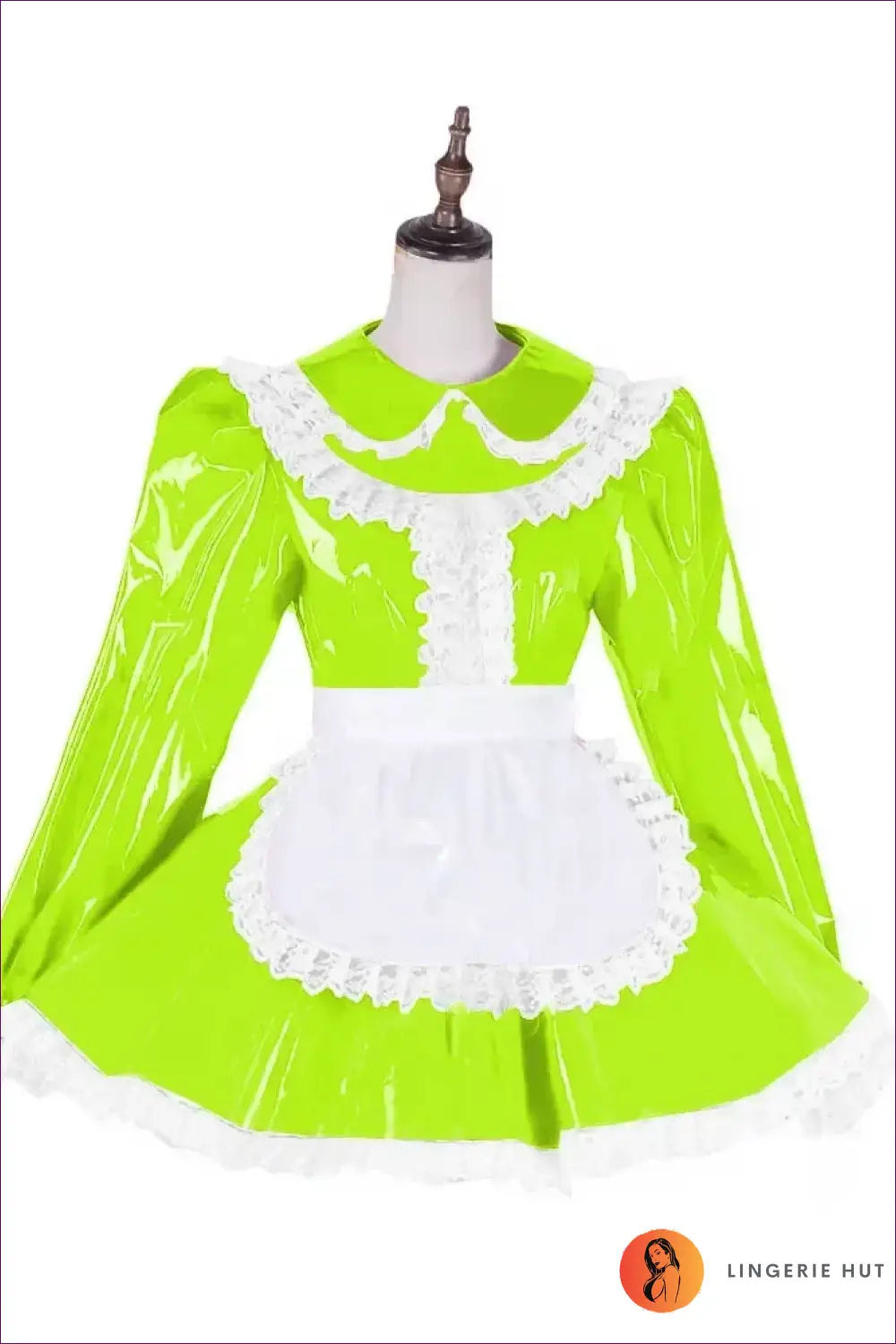 Shiny Pvc French Maid Costume with Lace Ruffle Hem Set - Fluorescent Green / 6xl - Halloween • just in • Lingerie Hut