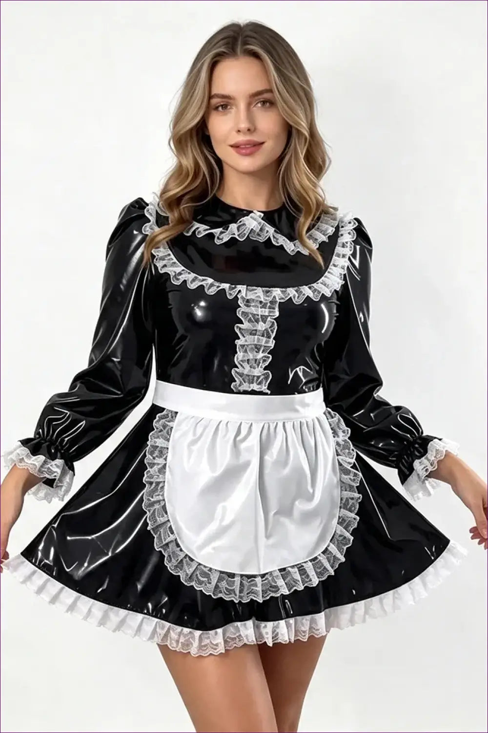 Shiny Pvc French Maid Costume with Lace Ruffle Hem Set - Black / s - Halloween • just in • Lingerie Hut