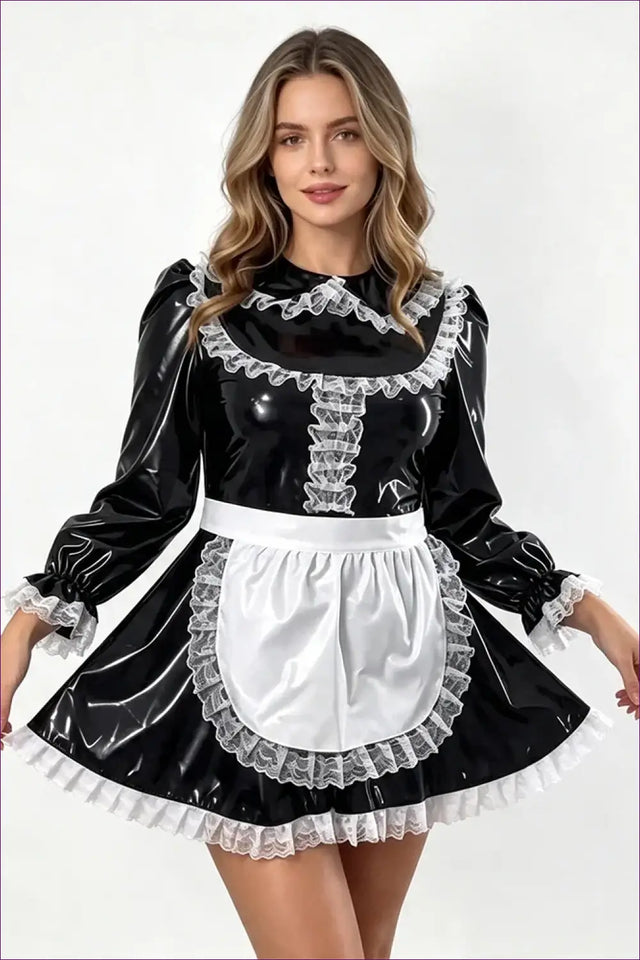 Shiny PVC French Maid Costume with Lace Ruffle Hem Set