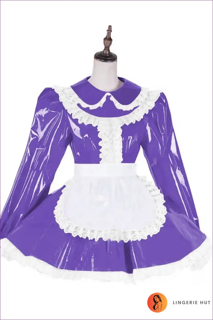 Shiny Pvc French Maid Costume with Lace Ruffle Hem Set - Purple / s - Halloween • just in • Lingerie Hut